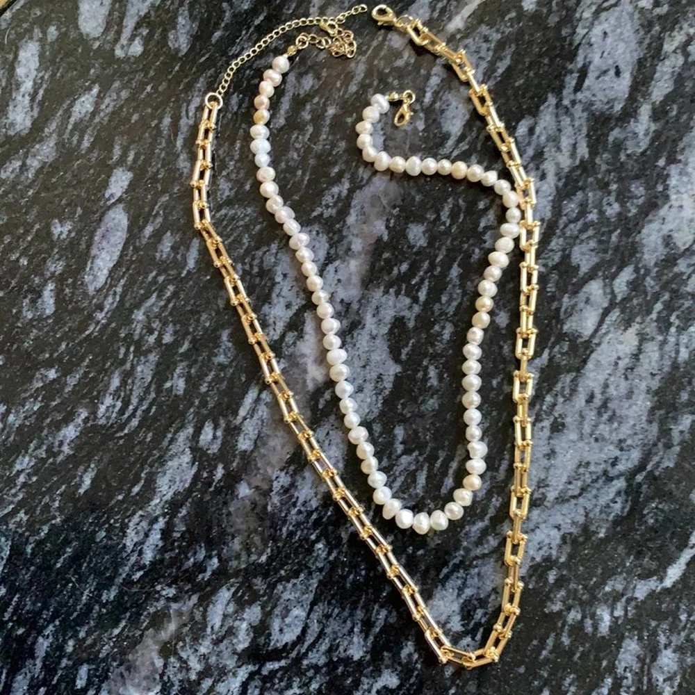 Set - Pearl Necklace and Gold Chain Necklace